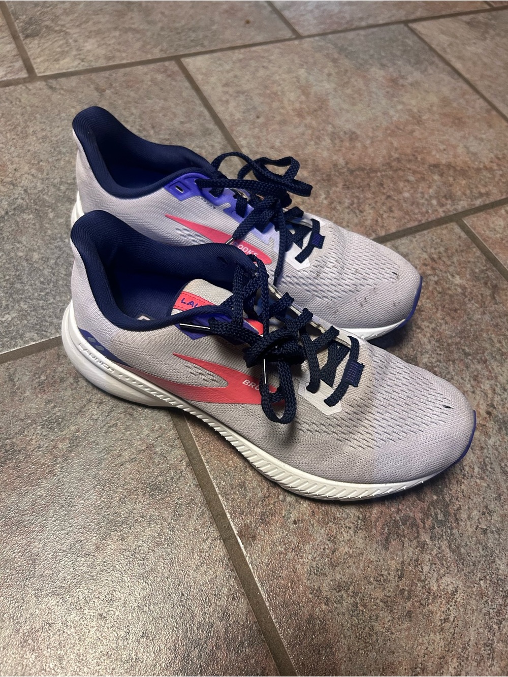 Brooks Running Shoes in Light Gray with Navy and Pink Accents